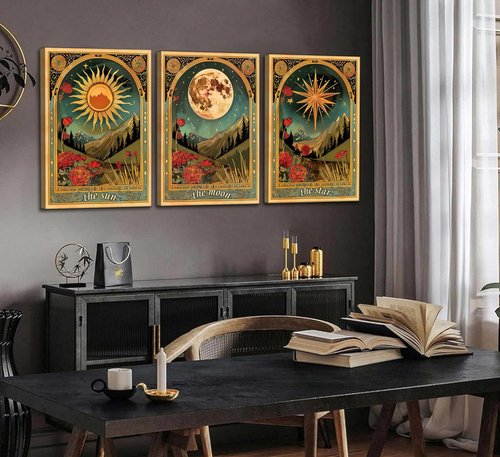 3 Pcs Tarot Canvas Wall Art Sun Moon and Star Mystical Astrology Celestial Paintings Pictures Wall Decor Poster Print Artwork for Bedroom Living Room Dorm Home Decoration