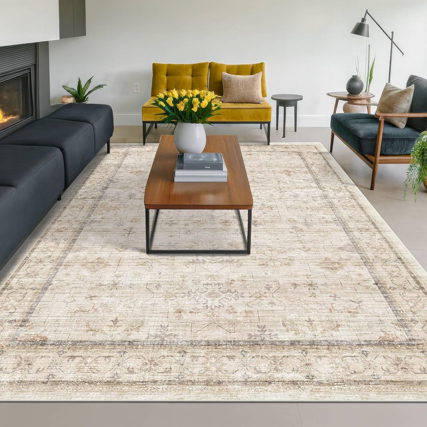 Washable Ivory 6x9 Living Room Rug - Non-Slip Dining Rug for Under Table | Low Pile Farmhouse Carpet
