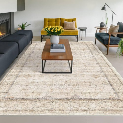 Hazo Haus Ivory Area Rug - Washable Non-Slip 5x8 for Bedroom & Home Office | Soft Low Pile Farmhouse Décor