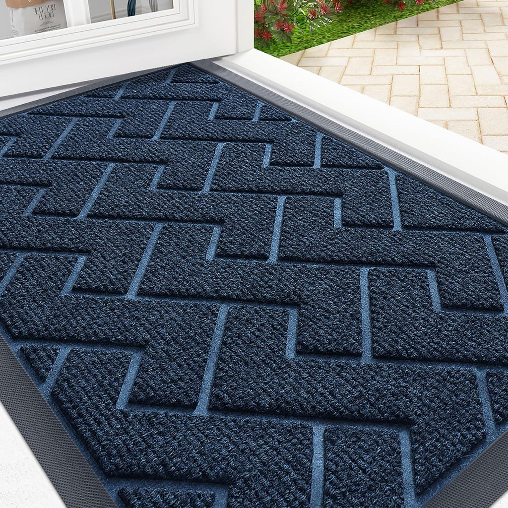 OLANLY Waterproof All-Season Front Door Mat - Sturdy Natural Rubber, Low Profile, Herringbone Brick Design (Blue, 36x24)