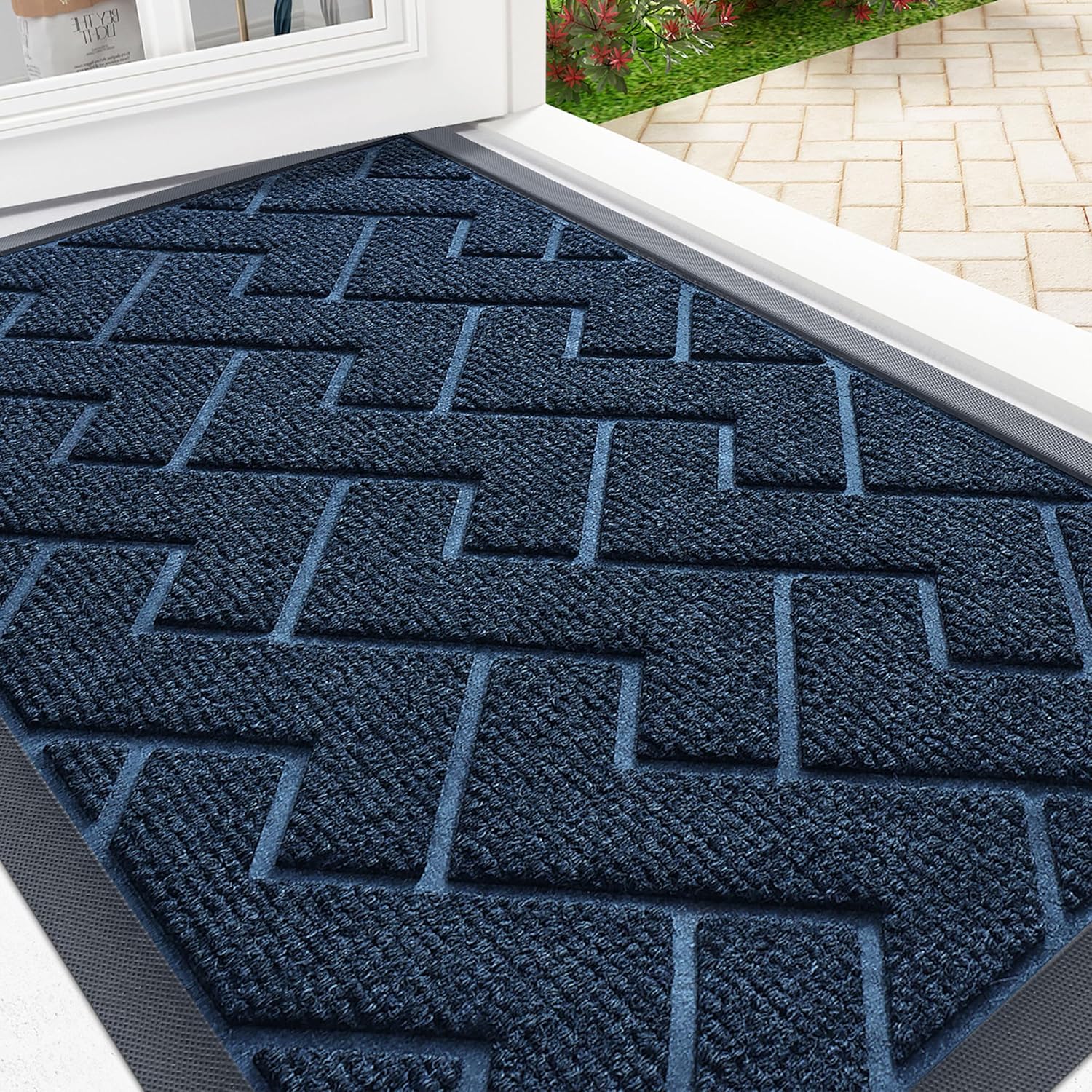 OLANLY Waterproof All-Season Front Door Mat - Sturdy Natural Rubber, Low Profile, Herringbone Brick Design (Blue, 36x24)
