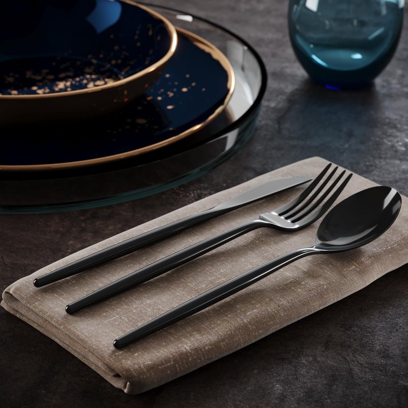 Trendables Black Plastic Silverware Set Black Silverware Disposable Forks and Spoons Disposable 360 Pack Plastic Utensils Set Includes 3 x 120 each Knives & Spoons & Forks For Parties and Events