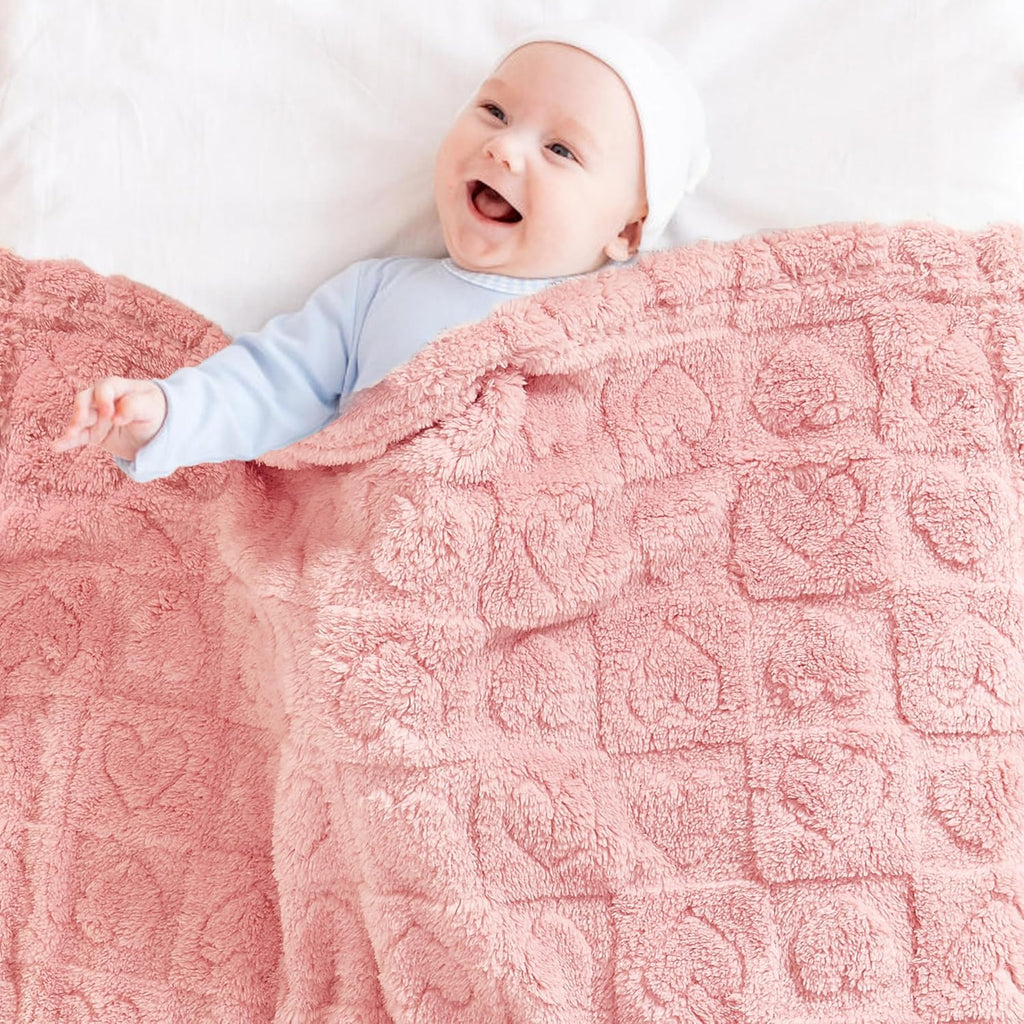 Yurhap Fleece Baby Blanket - Ultra Soft Heart Checkered Design for Girls & Boys | 30”×40” Dark Pink