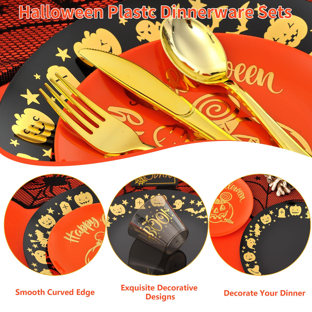 ISFANGCO 175Pcs Halloween Plastic Spoof Dinnerware Set for 25 Guests, 25 Black Plastic Dinner Plates, 25 Pumpkin Orange Dessert Plates, 25 Gold Boo Black Cups, 25 Gold Silverware Set and Cards