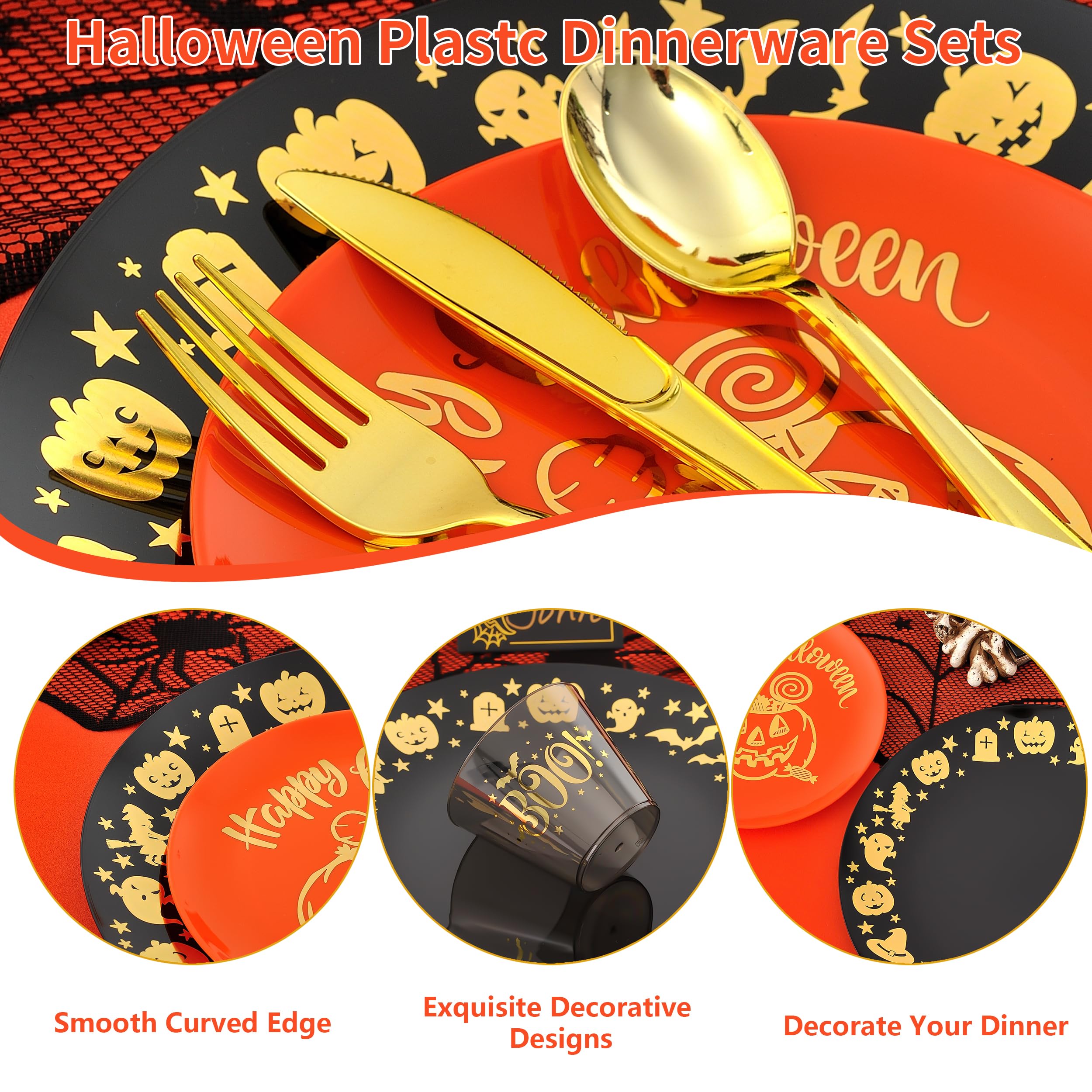 ISFANGCO 175Pcs Halloween Plastic Spoof Dinnerware Set for 25 Guests, 25 Black Plastic Dinner Plates, 25 Pumpkin Orange Dessert Plates, 25 Gold Boo Black Cups, 25 Gold Silverware Set and Cards