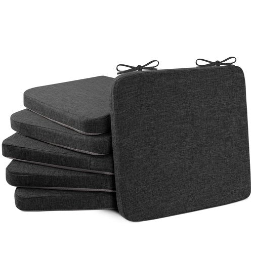 FlyGulls Square Chair Cushions 6 Pack Thick Pads with Ties Comfortable Non Slip for Indoor Dining Room and Kitchen 16" x 16" Black