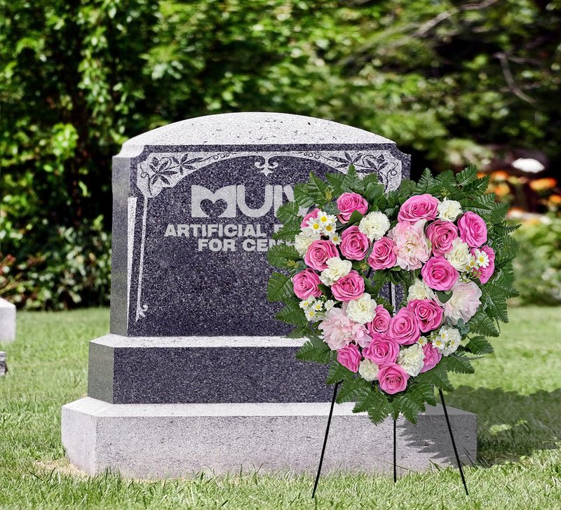 MUVIC Cemetery Flower Wreaths for Grave Decorations- Elegant Remembrance Standing Heart,Memorial Floral with Easel Stand,Pink Hibiscus Rose Carnation Daisy-27 Inch