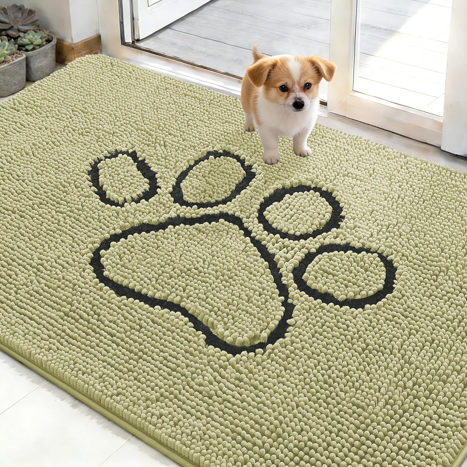 OLANLY Dog Door Mat - Absorbent Non-Slip Mud Mat for Paws | 48x30 Paw Print Design in Vanilla