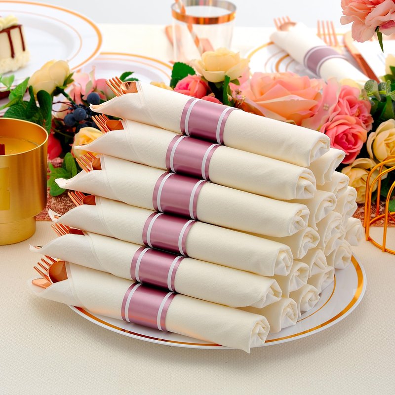 ISFANGCO 100 Pack Pre Rolled Rose Gold Plastic Silverware Set with Napkins,Disposable Wrapped Heavy Duty Cutlery Set for Wedding Birthday Party-100 Forks,Knives,Spoons,Utensils Set,Plasticware Bulk