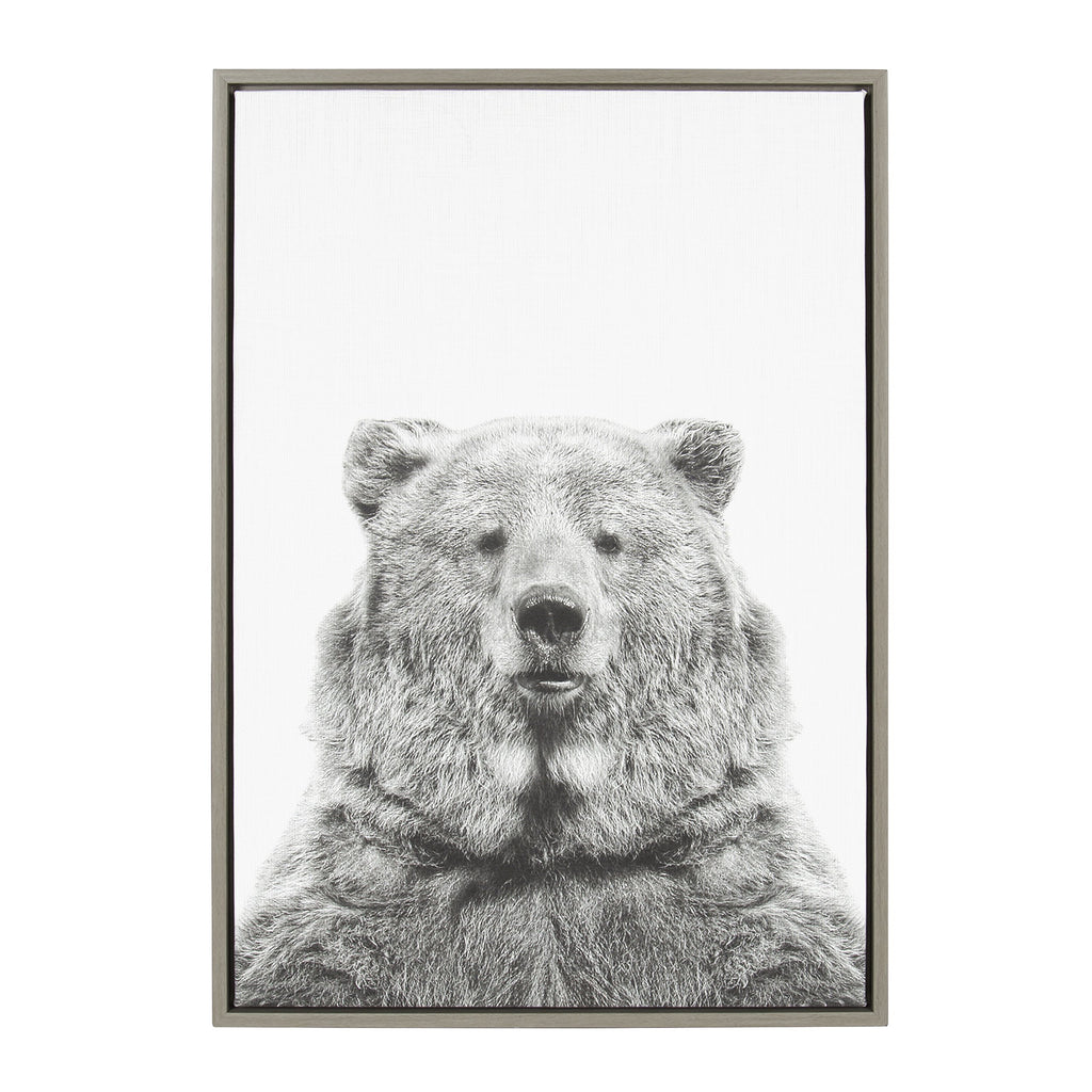 Kate and Laurel Sylvie Bear Animal Print Black and White Portrait Framed Canvas Wall Art by Simon Te Tai, 23x33 Gray