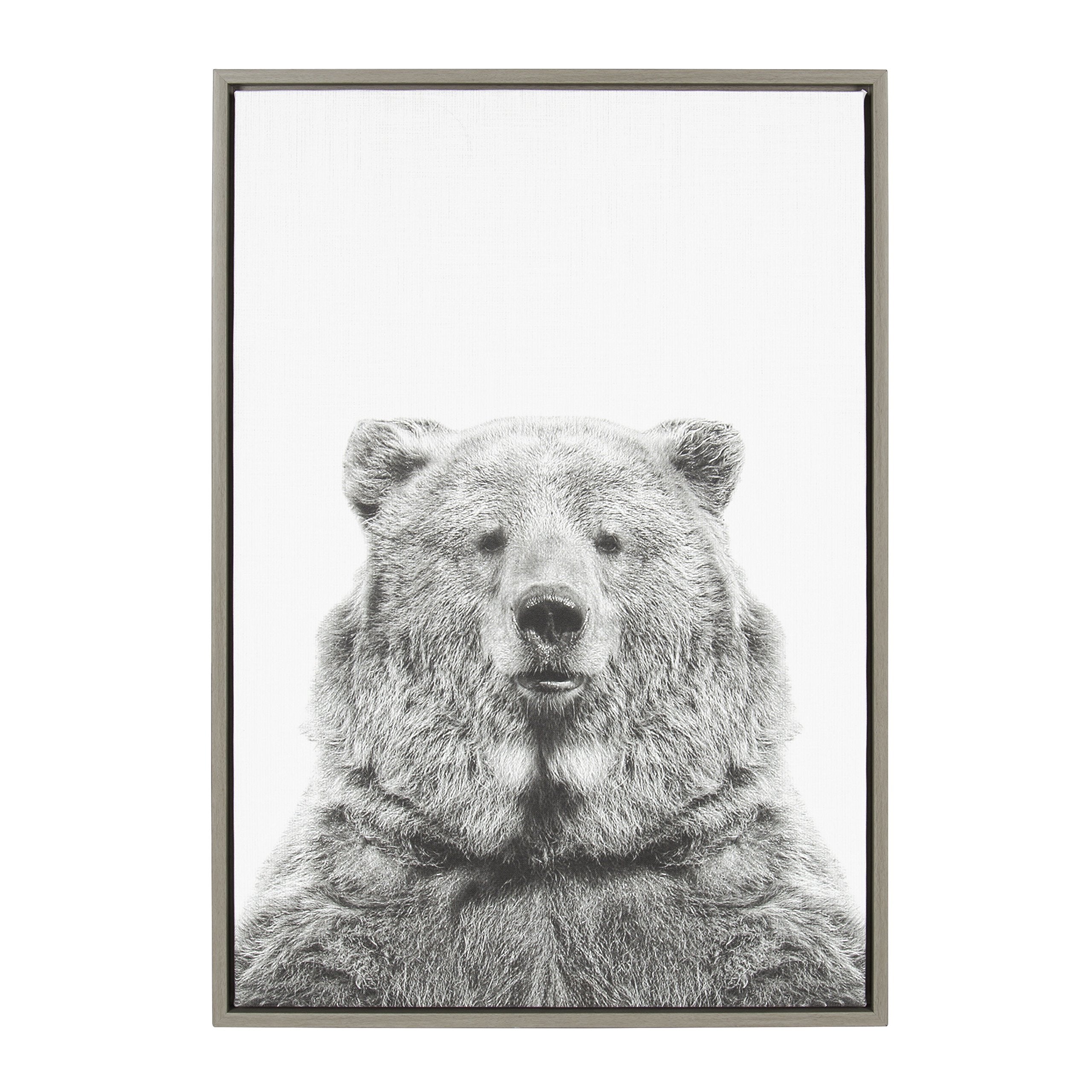 Kate and Laurel Sylvie Bear Animal Print Black and White Portrait Framed Canvas Wall Art by Simon Te Tai, 23x33 Gray