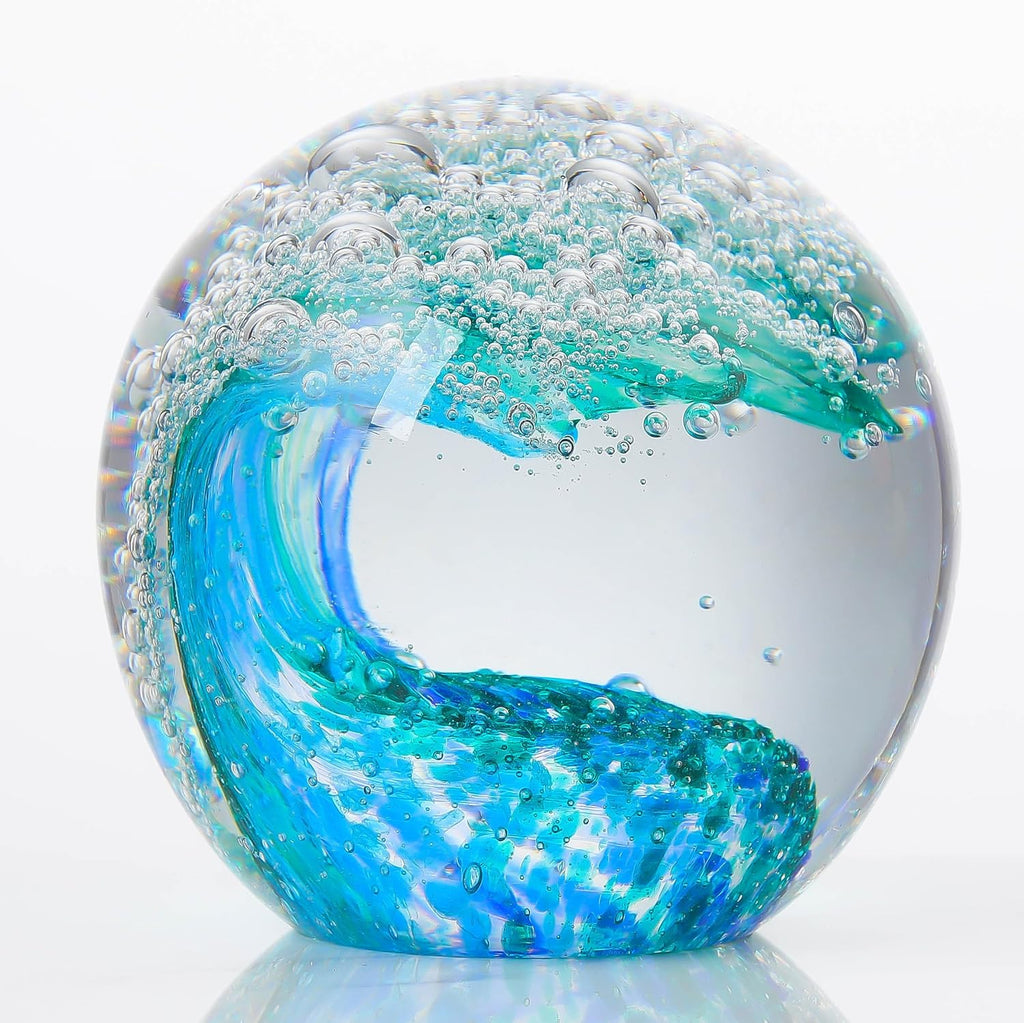 Qianwei Ocean Waves Crystal Ball | Hand Blown Glass Collectible Figurine - Stunning Decor for Ocean Lovers