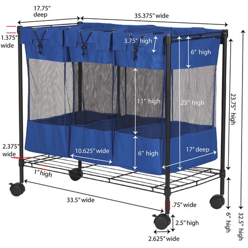 Household Essentials Laundry Sorter with Wheels, Triple Removable Mesh Bags, Sturdy Wire Frame, Smooth Glide Casters, Wide Functionality, Blue and Black