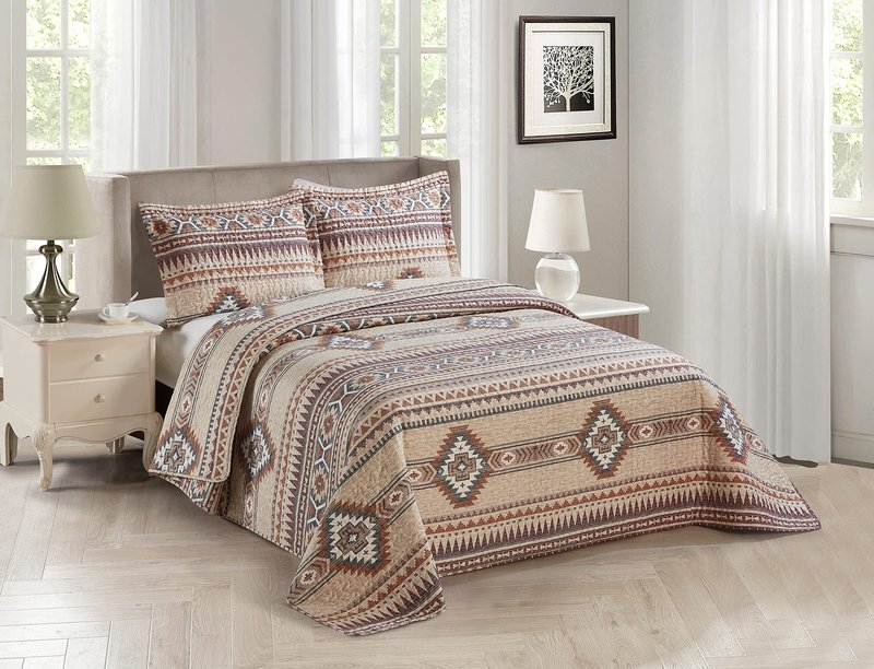 Rugs 4 Less Rustic Southwest Quilted Western Bedspread Bedding Set in Brown Beige Taupe Charcoal and Tribal Native American Patterns - Nevada (Full/Queen)