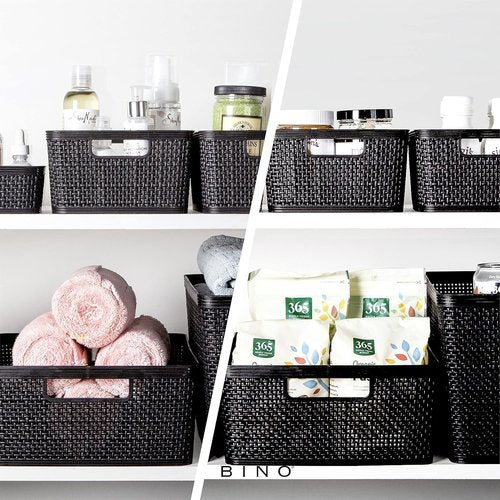 BINO Woven Plastic Basket - Medium Black, 4-Pack | Stylish Home Organization & Space-Saving Storage