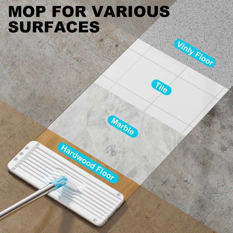 BEJOMOP Mop and Bucket Set, Mops for Floor Cleaning Turquoise-Cyan, Wall Mop with Long Handle, Squeeze Flat Mop and Bucket System, Dry & Wet Dust Mop for Household Cleaning with 2 Microfiber Mops