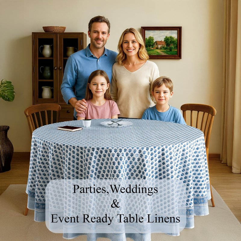CPC Apatite Blue Block Print Cotton Handmade Round Tablecloth 60 Inch Decorative Table Cover for Home Decor, Dinning, Festive, Wedding, Farmhouse Gift for Spring, Mother's Day