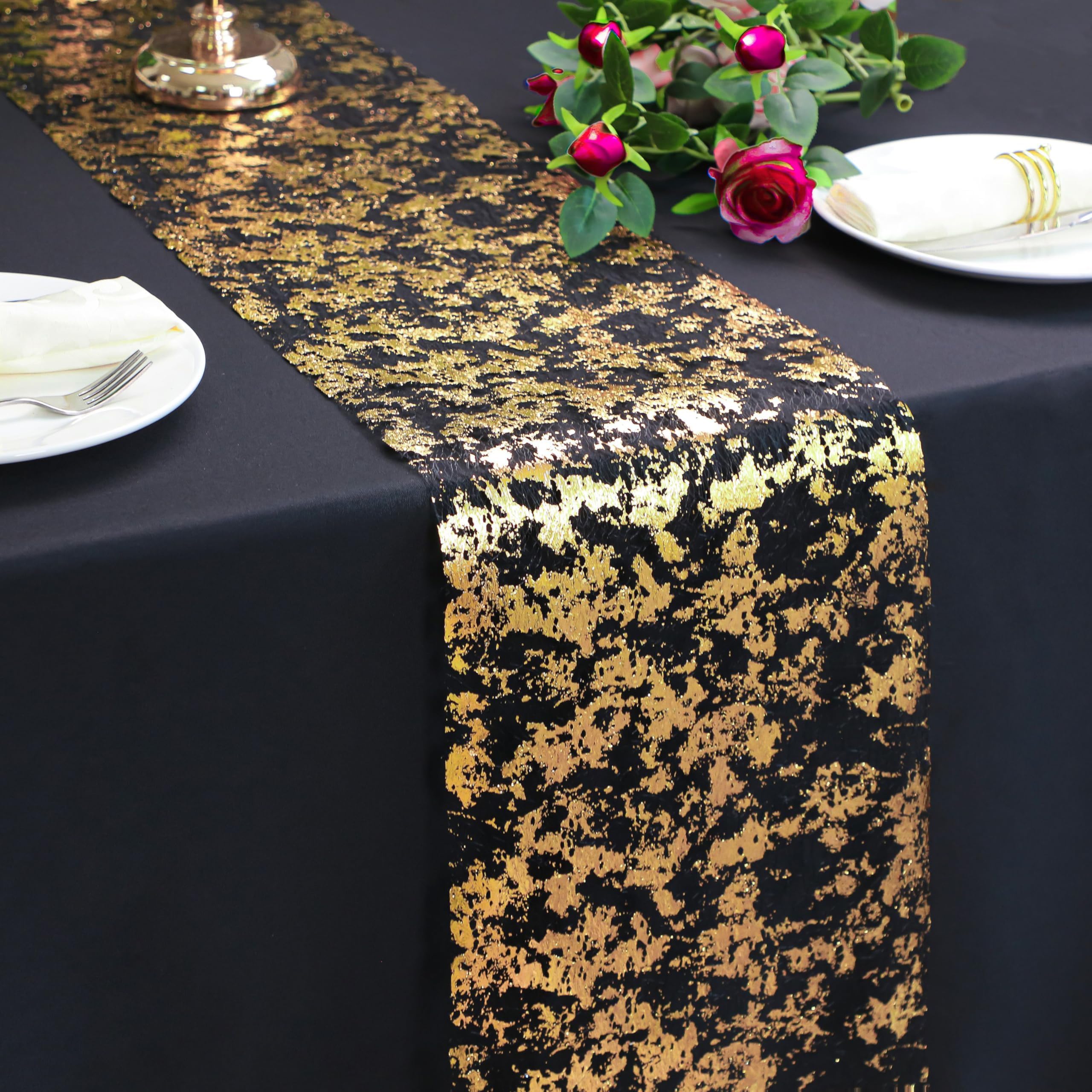 Snowkingdom Black and Gold Table Runner 100 Feet Glitter Golden Metallic Table Centerpieces Foil Runners Party Decorations for Graduation Birthday Retirement Wedding Christmas Halloween Thanksgiving
