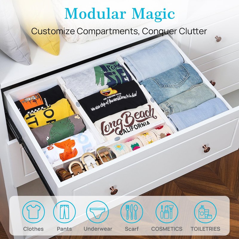 Vtopmart 16 Pack Drawer Dividers for Clothes, 4" High 11.3"-17" Adjustable Expandable Dresser Drawer Organizer, Plastic Drawers Separator for Dresser, Baby Clothes, Underwear, Kitchen & Office Storage