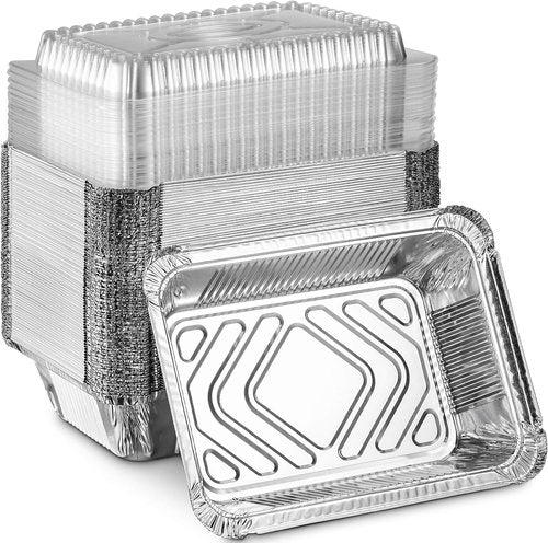 MontoPack Disposable Takeout Pans - 2lb Aluminum Foil Food Containers with Clear Lids | Eco-Friendly 50-Pack | 8x5.5” Drip Pans