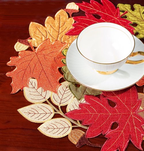 KEVA Fall Placemats Set of 4, 15inch Round Placemats, Fall Table Decorations for Home, Autumn Maple Leaves Cutwork Embroidered Placemat for Harvest Thanksgiving Holiday Decor