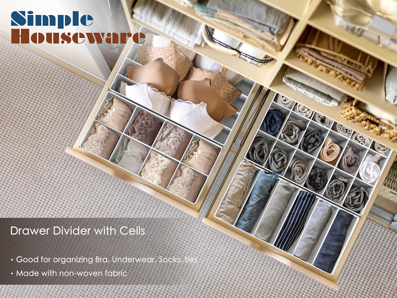 Simple Houseware Drawer Organizer Set - 4-Pack Foldable Closet Dividers for Underwear, Socks, and Accessories - Gray
