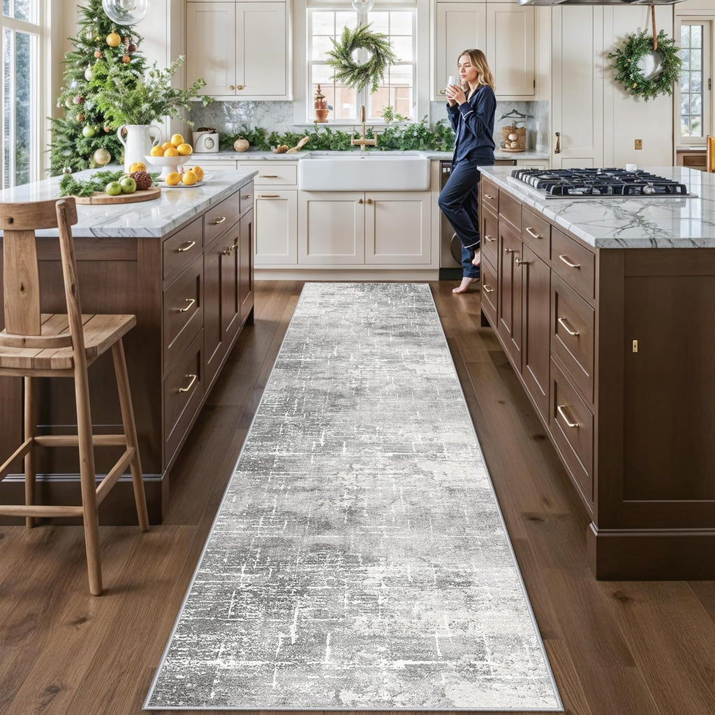 Skiennix Washable Long Hallway Runner Rug - Non-Slip Soft Abstract Design | 2'6"x12" Light Grey Carpet for Home & Office