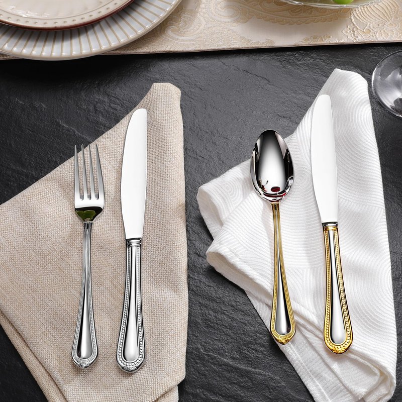 KEAWELL Pearl Edge Premium Serving Spoon Set, 18/10 Stainless Steel, 9" Fine Hostess Utensils with Refined Bead Design, Brightly Polished, Gold Accent, Dishwasher Safe (Hostess Serving Set)
