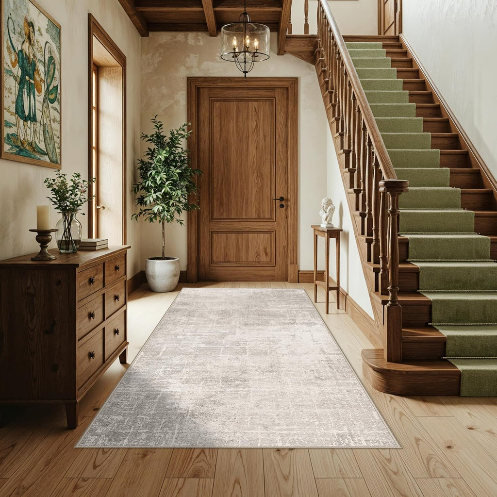 Skiennix 4x6 Area Rug - Washable Abstract Non-Slip Carpet for Living Room, Kitchen & Office | Beige/Cream