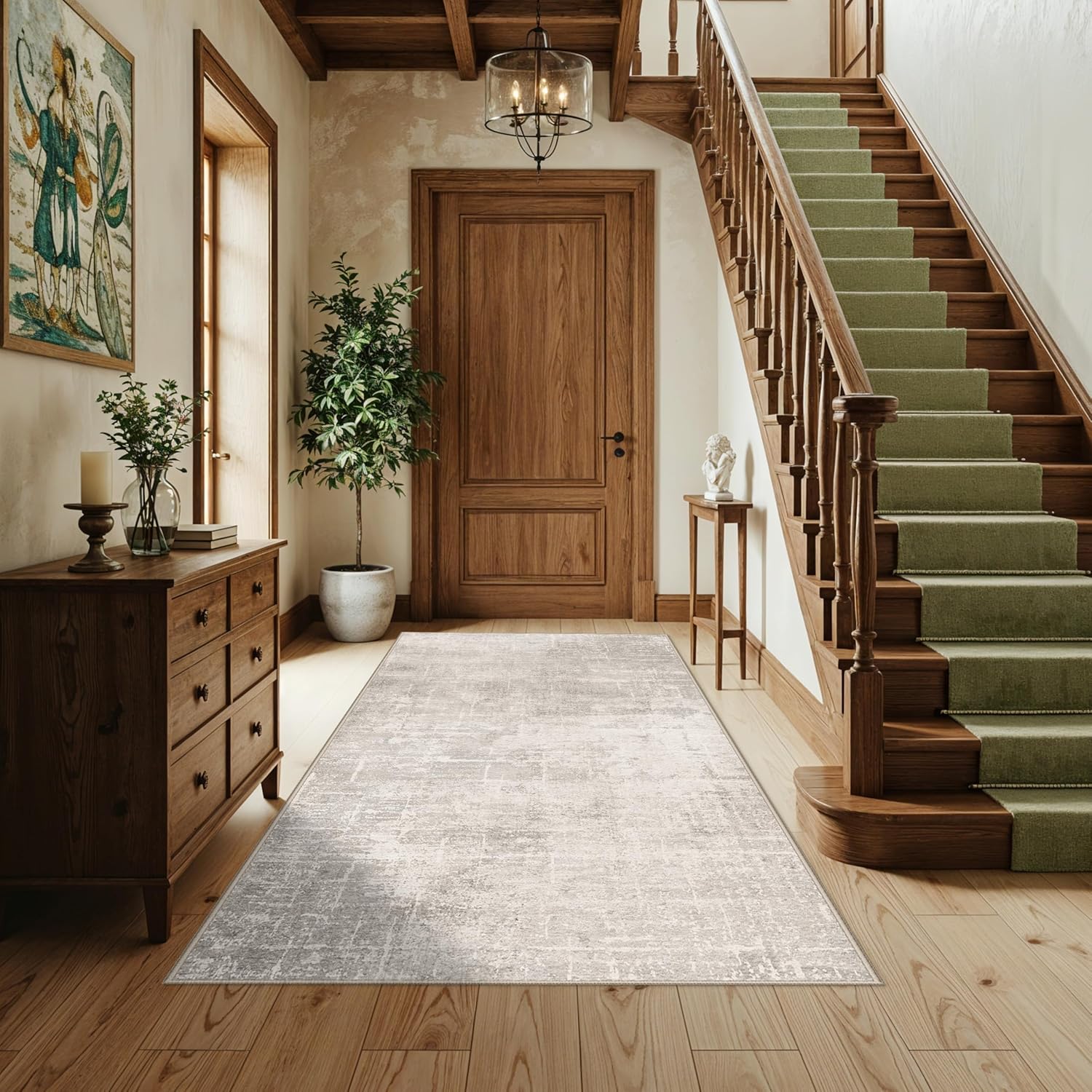 Skiennix 4x6 Area Rug - Washable Abstract Non-Slip Carpet for Living Room, Kitchen & Office | Beige/Cream