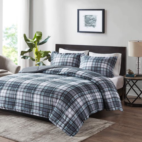 Madison Park Essentials Parkston Plaid Comforter, Matching Sham, 3M Scotchguard Stain Release Cover, Hypoallergenic All Season Bedding-Set, Twin/TwinXL, Grey, 2 Piece