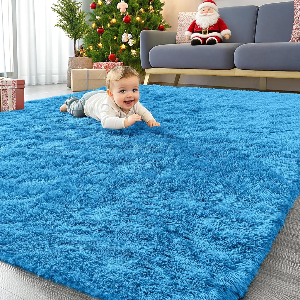 OLANLY Large Area Rug - Soft Fluffy Shaggy Carpet for Living Room & Bedroom | 5x7 Bright Blue Design