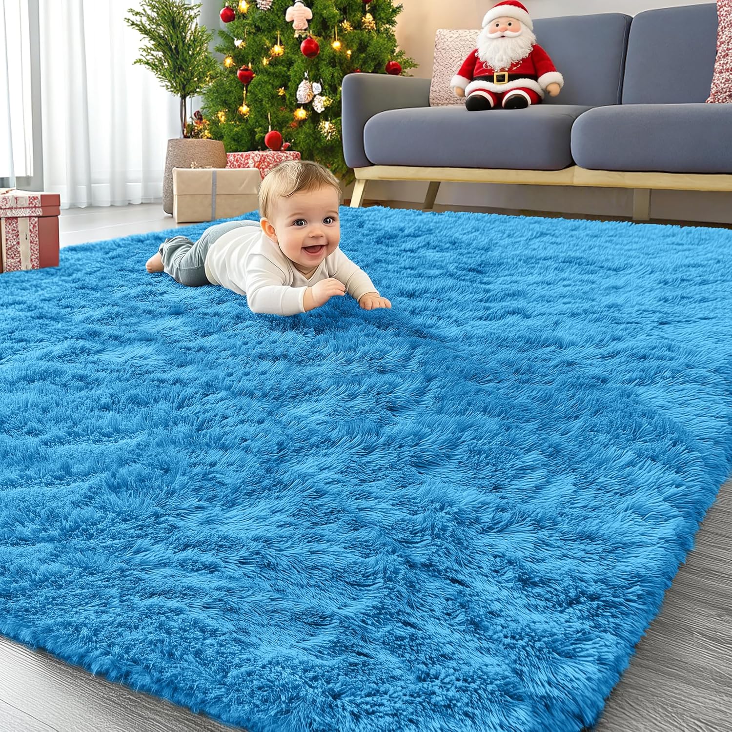 OLANLY Large Area Rug - Soft Fluffy Shaggy Carpet for Living Room & Bedroom | 5x7 Bright Blue Design
