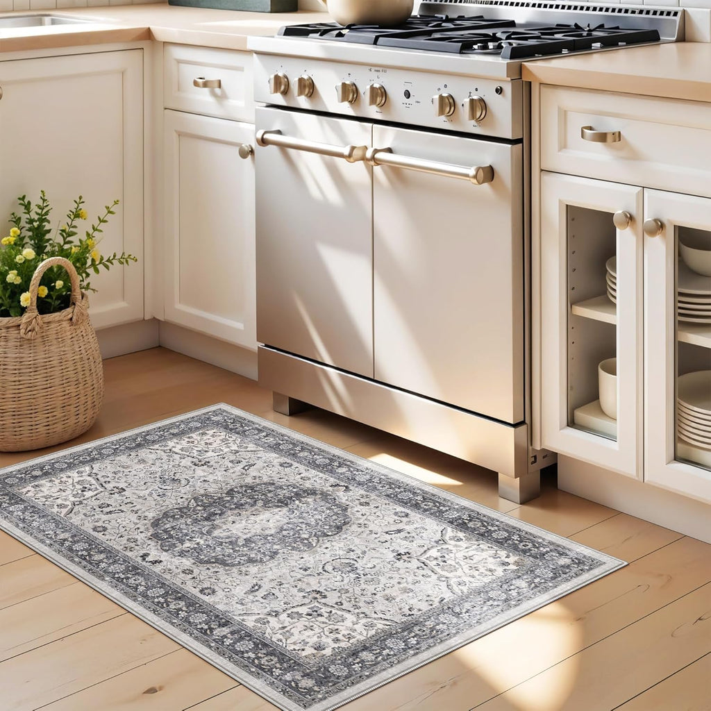Regine Switzerland Washable 2x3 Entryway Rug - Vintage Soft Thin Non-Slip Mat | Water-Resistant Grey Carpet