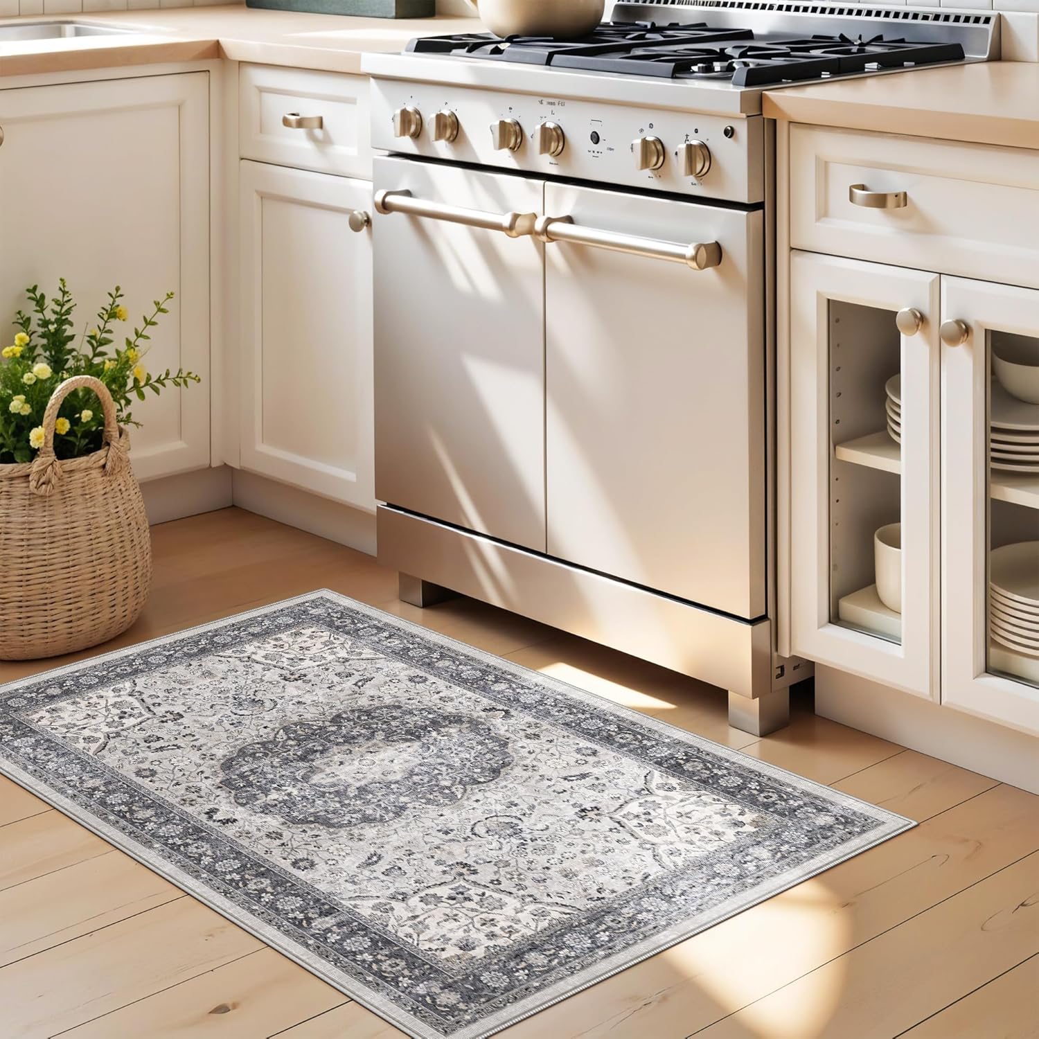 Regine Switzerland Washable 2x3 Entryway Rug - Vintage Soft Thin Non-Slip Mat | Water-Resistant Grey Carpet