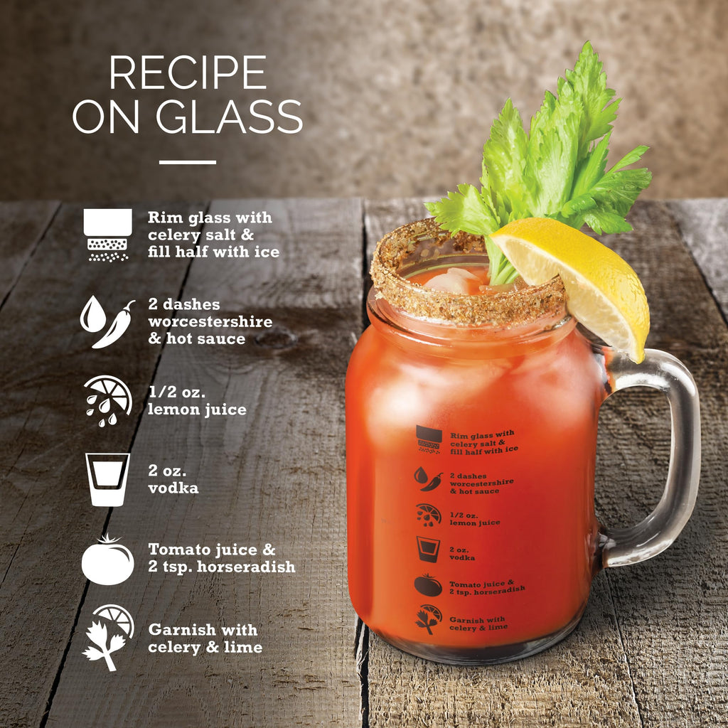 Final Touch Bloody Mary Mason Jar Glasses - Set of 2 | Vintage Style with Complete Recipe Guide | Thick Glass with Handle for Perfect Cocktails (GG5205)