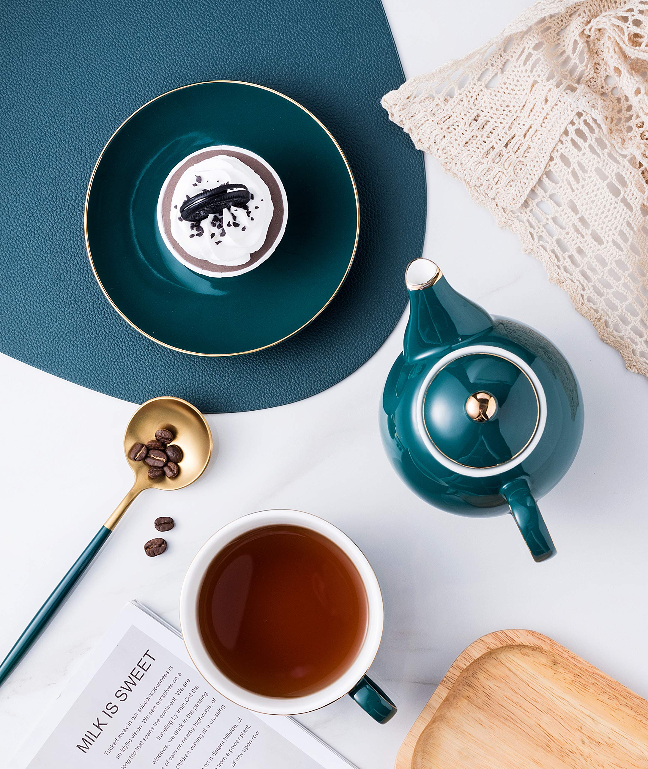 Jusalpha Ceramic Tea Set for One- Dark Turquoise Green Fine China 16 OZ Teapot- Tea cup- Saucer Set, Tea-for-One set #08