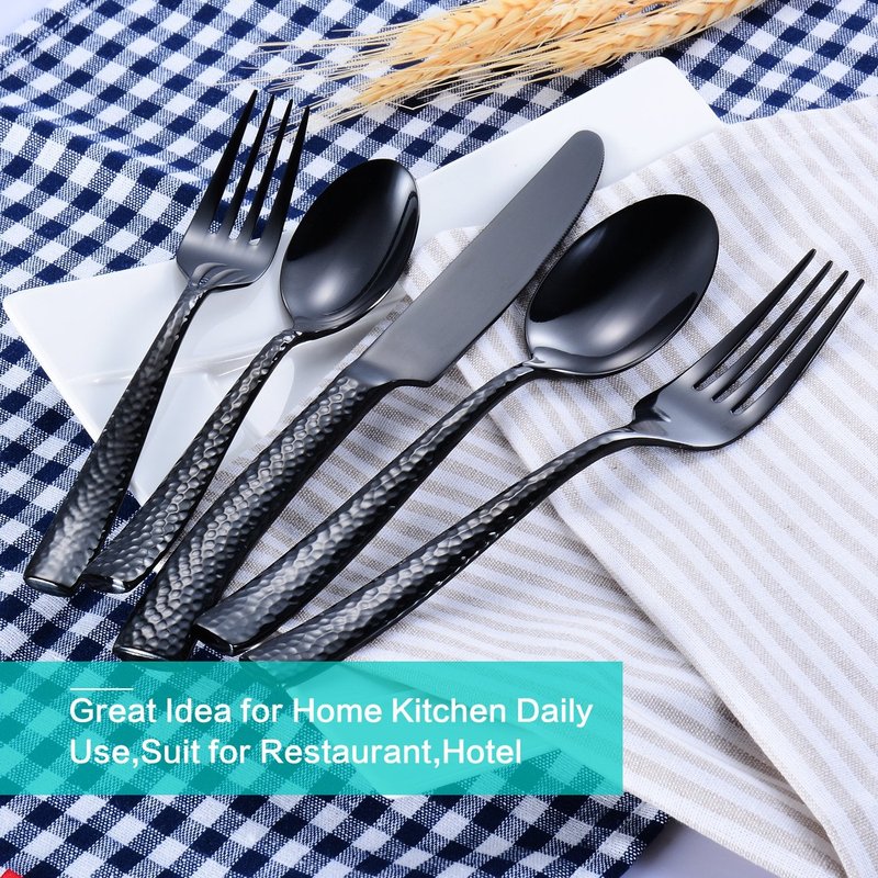 Flatasy Silverware Set Black Hammered Pattern Flatware Cutlery Stainless Steel Utensil 20 Pieces Spoons Forks and Knives Service for 4
