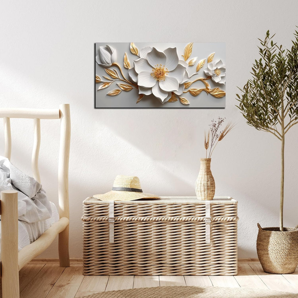 Skiennix Canvas Wall Art - Large White and Gold Floral Artwork for Living Room & Office | 20x40 In