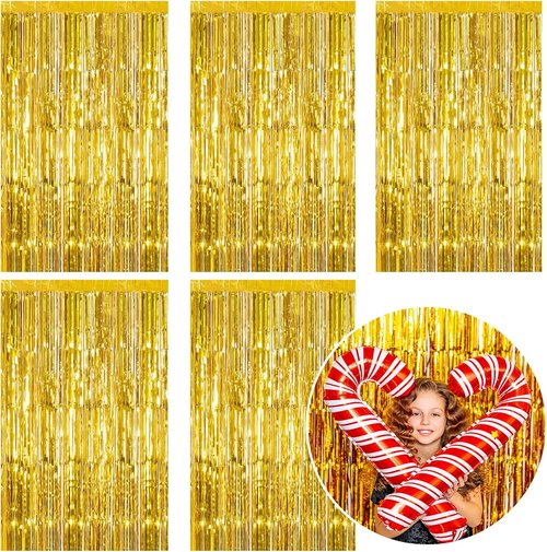 Gold Metallic Tinsel Foil Fringe Curtains by [Brand Name] - 5 Pack Photo Booth Backdrop for Parties & Celebrations