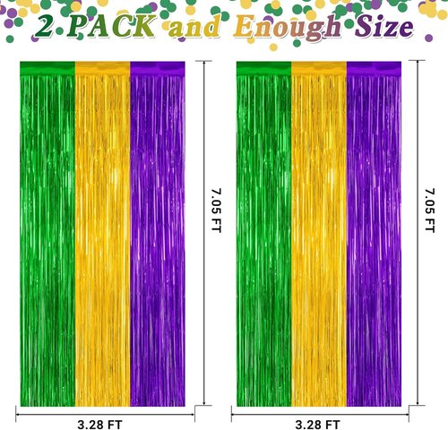 Mardi Gras Tinsel Backdrop by [Brand Name] - 2 Pack Metallic Fringe Curtain | 3.28 FT x 7.05 FT in Purple, Gold, Green