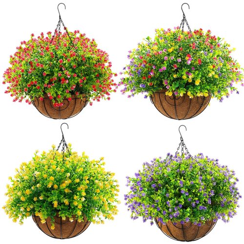Lyrow 4 Pack Artificial Hanging Flowers with Baskets Outdoors Faux Flowers with 12 Inch Coconut Lining Baskets Realistic Artificial Hanging Plants for Patio Lawn Garden Decor