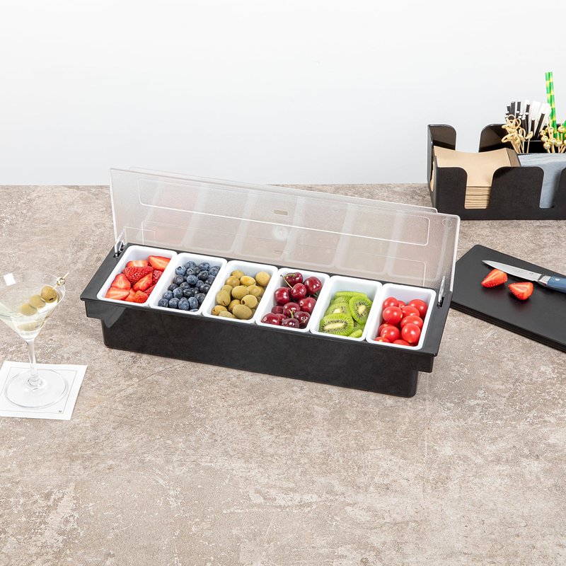 Restaurantware Bar Lux 19.6 x 6.3 x 3.7 Inch Condiment Caddy 1 Durable Bar Caddy - 6 Removable Compartments Built-In Lid Black Plastic Condiment Holder For Restaurant Store Cocktail Garnish