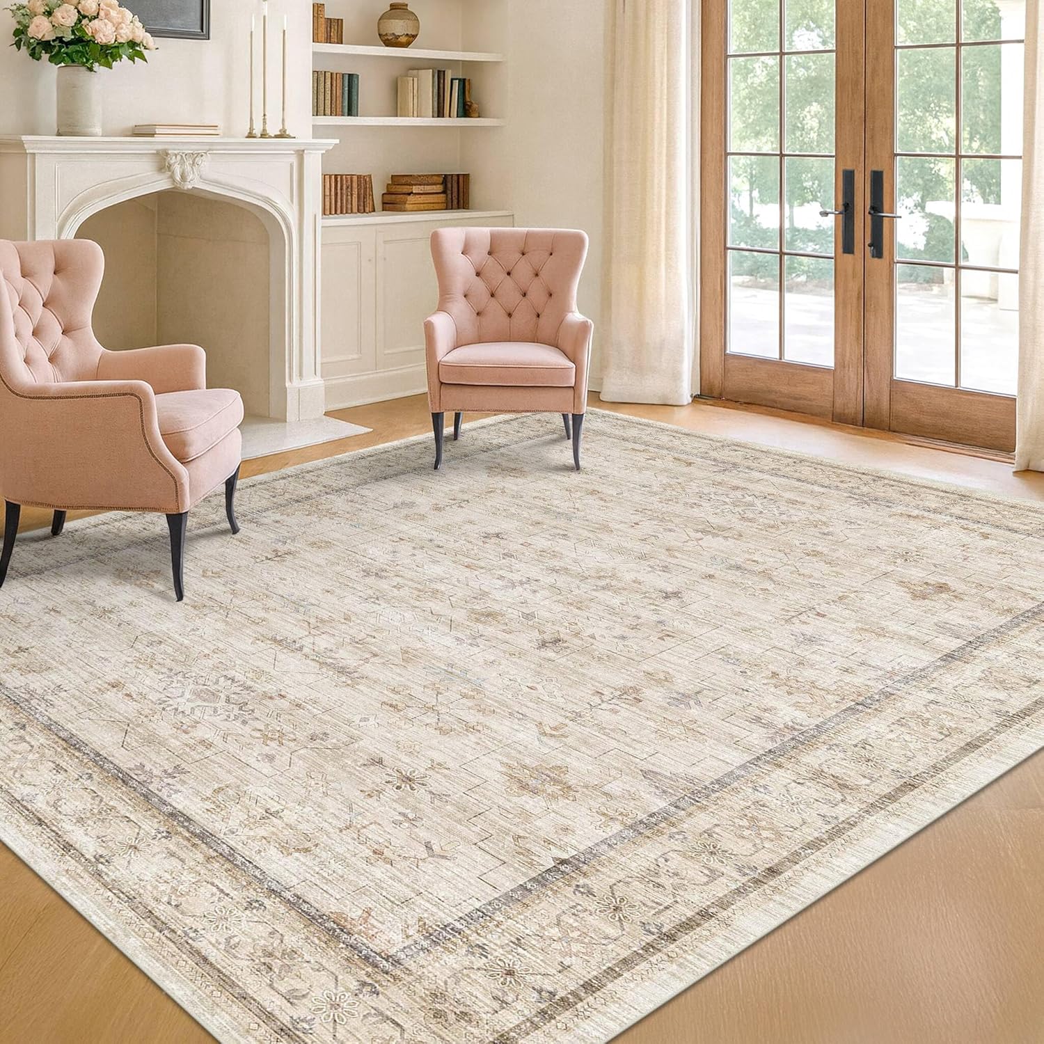 Washable Ivory 6x9 Living Room Rug - Non-Slip Dining Rug for Under Table | Low Pile Farmhouse Carpet