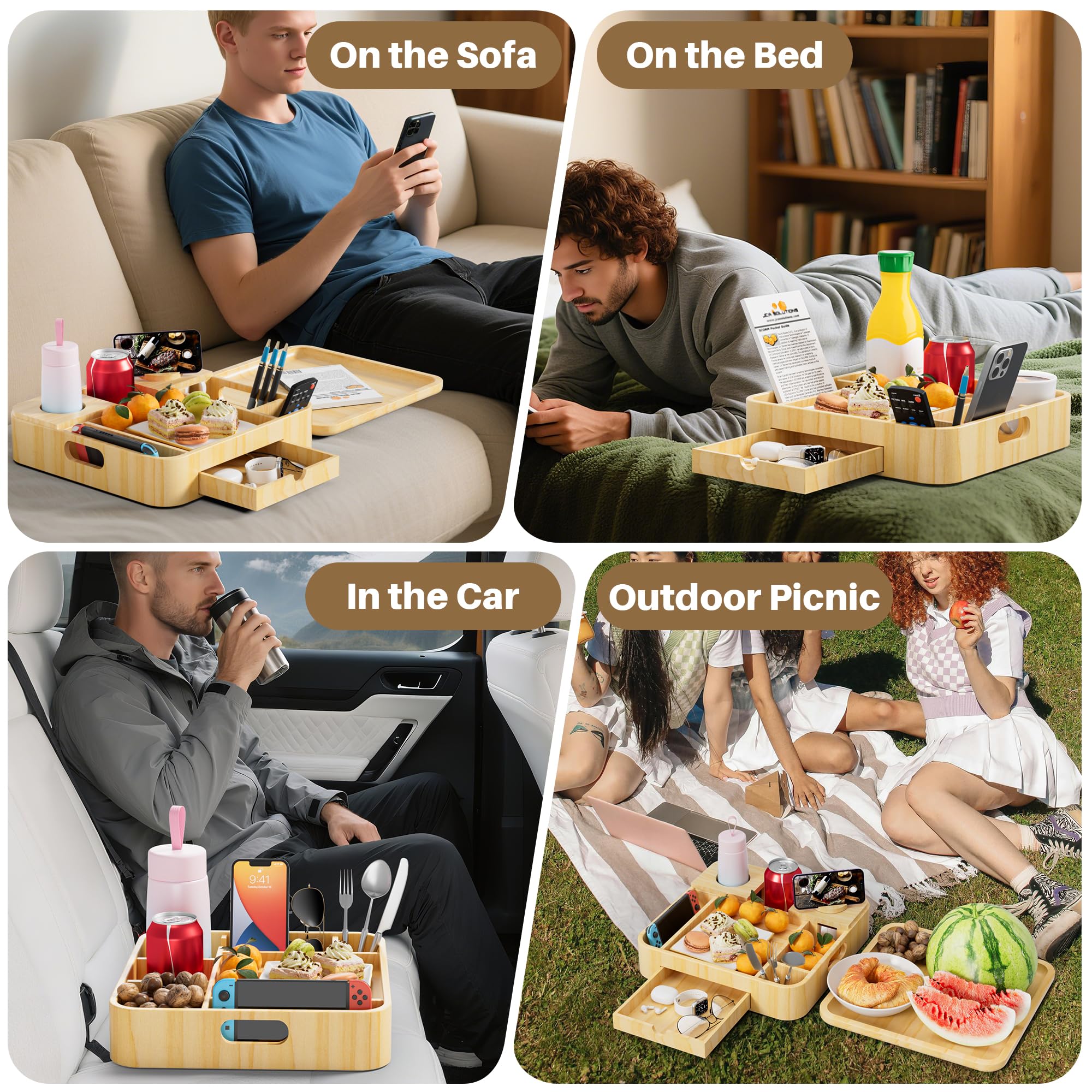 Couch Cup Holder, Couch Tray Cup Holder Sofa Tray, Large Capacity Two-Tier Wooden Trays with Drawer for Sofa, Bed, Picnic, Drinks, Snacks, Remote, Cell Phone, Headphones (Solid Pine Wood)12.8*12.8 in