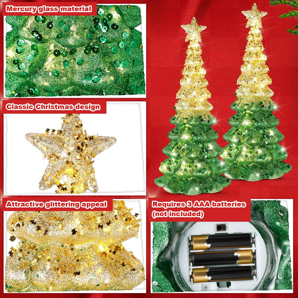 Regine Switzerland Mercury Glass Christmas Tree - Illuminated 11.6” Tabletop Decor | Battery Operated Festive Centerpiece (Gold)