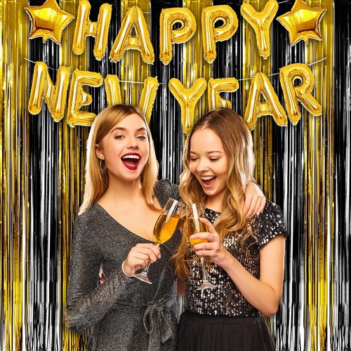 GREATRIL Black and Gold Party Streamers - Foil Fringe Backdrop for NYE, Anniversaries & More | 3.2ft x 8.2ft - 2 Packs