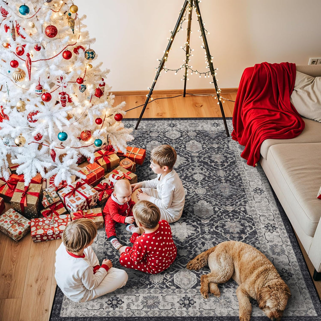 Skiennix 4x6 Living Room Area Rug - Washable Non-Slip Boho Design | Low Pile Neutral Carpet for Kids Room & Office