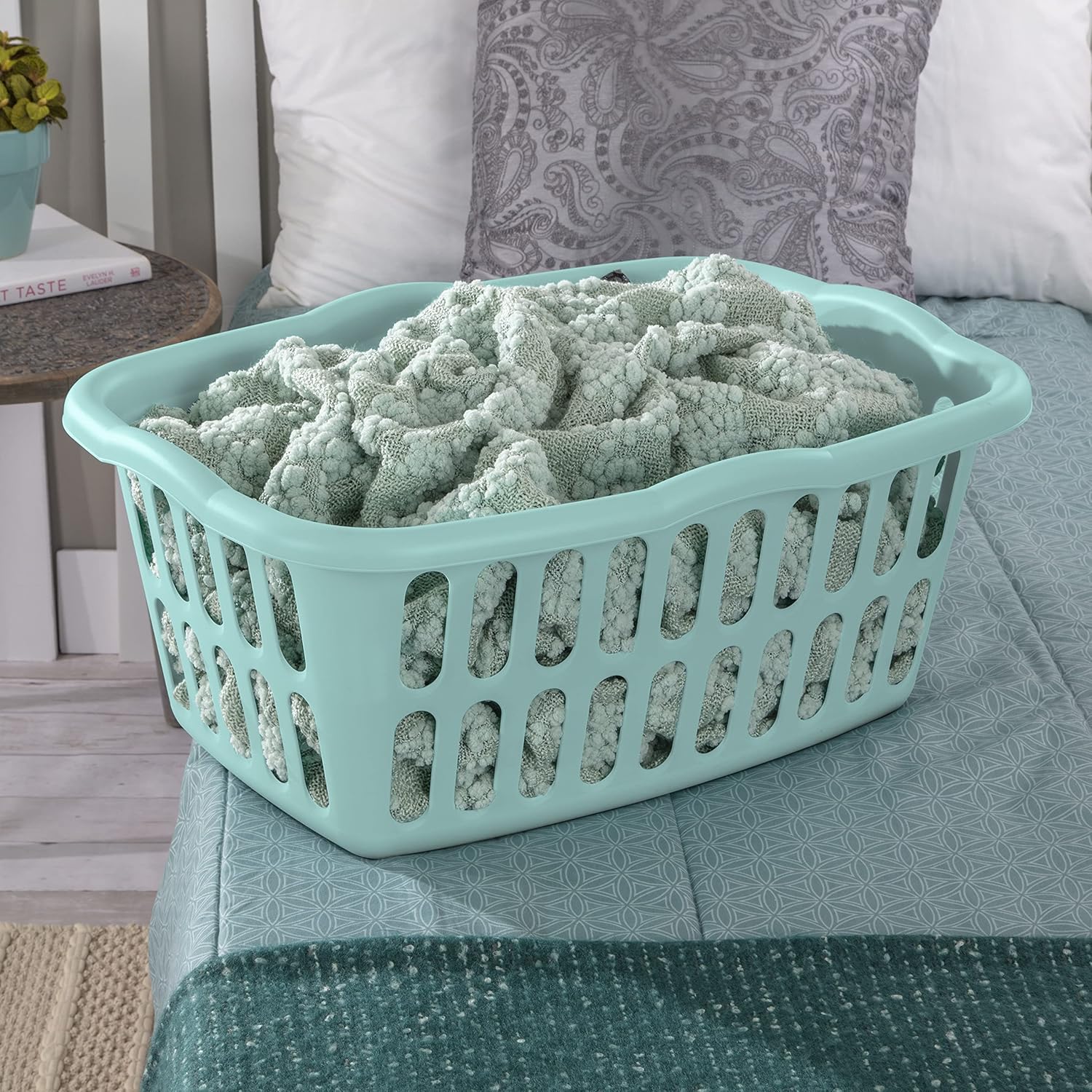 Sterilite Laundry Basket - 1.5 Bushel Rectangular Design for Easy Carrying - White & Aqua, 12-Pack