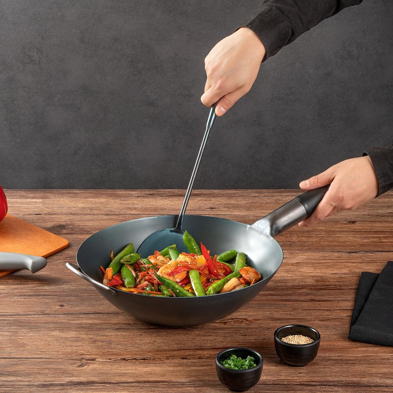 Restaurantware-Motomori 16 Inch Wok Spatulas, 10 Pre-Seasoned Cooking Turners - Hanging Hole, Extra Long Handle, Blue Carbon Steel Chinese Cooking Spatulas, For Stirring, Flipping, Frying, And More